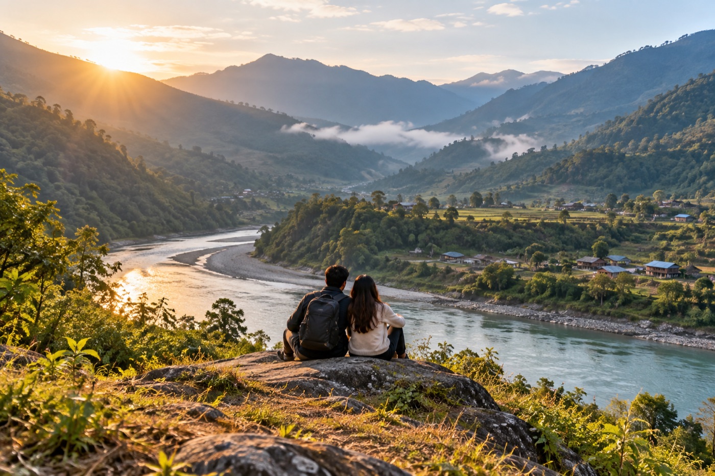 Couple overlooking a river and green Himalayan valley at sunrise