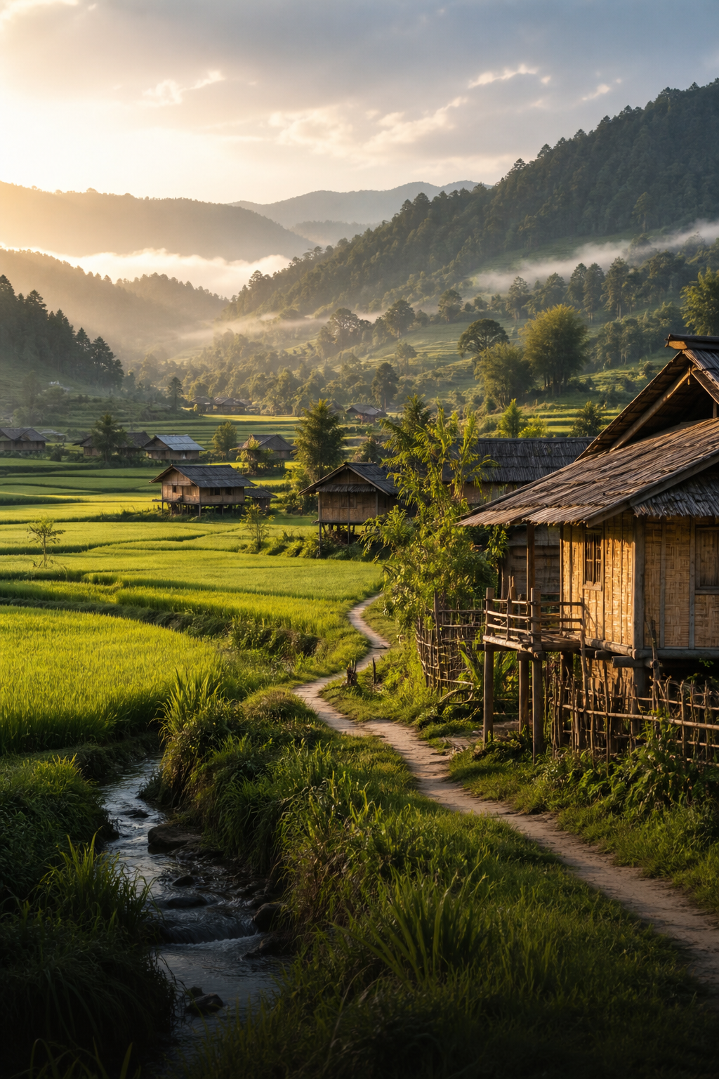 Ziro Valley rice fields and village homes at sunrise